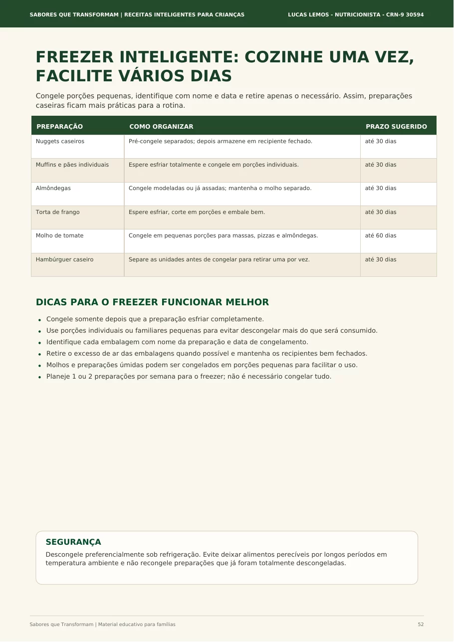 Página do ebook com orientações para organizar o freezer